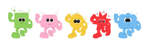 一组复古的抽象字符。几何形状，各种情绪，星形，椭圆形，方形，星形。矢量插图。图片下载