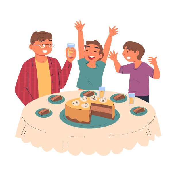 幸福的家庭坐在桌子上吃节日蛋糕庆祝节日一起矢量插图图片下载