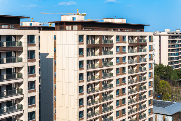 在一个阳光明媚的日子里，城市里的居民楼图片下载