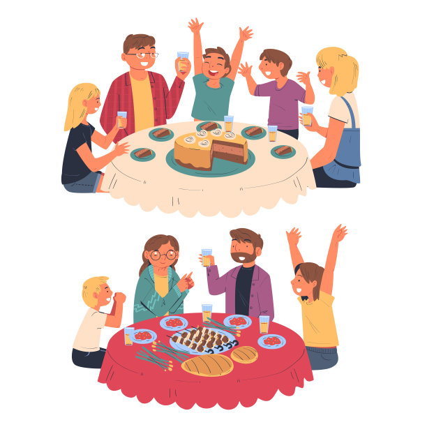 幸福的家庭坐在桌子上吃节日晚餐庆祝节日一起矢量集图片下载