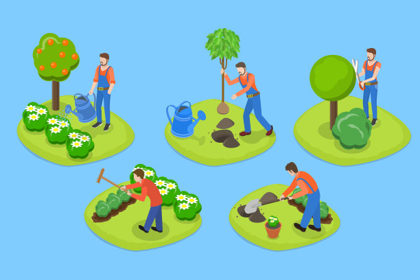三维等距平面矢量概念图园林景观工作者图片下载