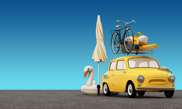 复古车，车顶上的行李和行李，充分打包，准备暑假，概念与家人和朋友的自驾游，梦想的目的地，生动的色彩，3d渲染卡通风格。图片下载