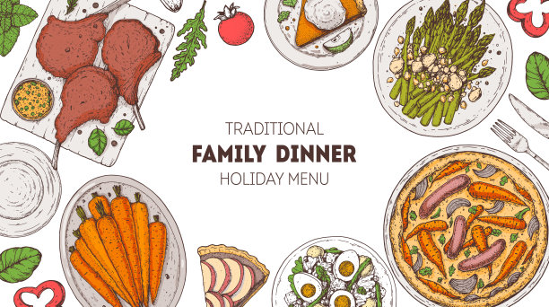 复活节食物手绘。矢量插图。摆满复活节食物的节日餐桌。手绘插图。菜单设置。图片下载