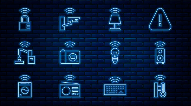 智能温度计，立体声扬声器，台灯，照相机，机器人手臂手工厂，安全密码锁，灯泡和安全图标。向量图片下载