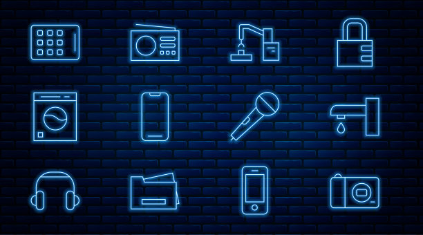 集线相机，水龙头，机器人手臂工厂，智能手机，洗衣机，图形平板电脑，麦克风和无线电图标。向量图片下载