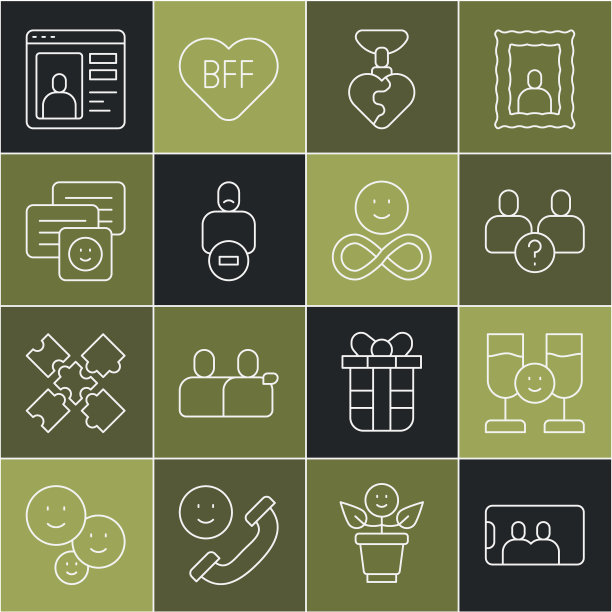 设置线手机自拍，朋友喝酒，复杂的关系，心形项链，失去朋友，聊天信息笔记本电脑，在线约会应用程序和永远的图标。向量图片下载