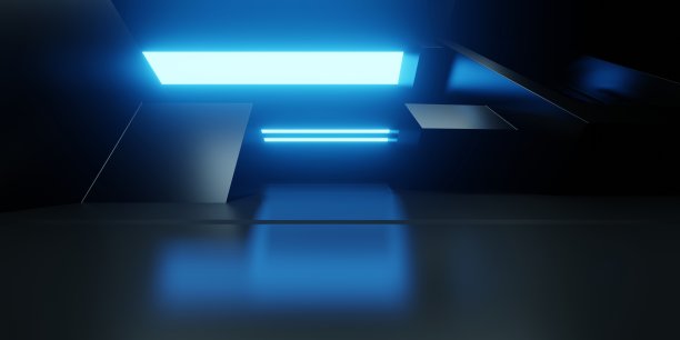 三维渲染蓝色霓虹灯发光飞船走廊黑色背景。场景广告，陈列室，技术，未来，现代，体育，游戏，虚拟世界，仓库，车库。科幻插画图片下载