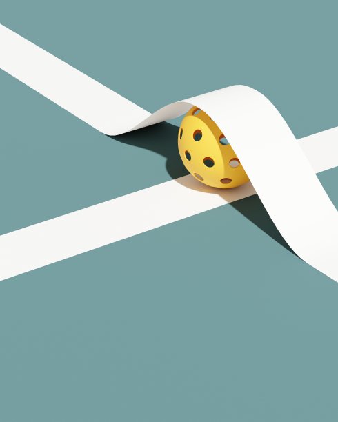 匹克球运动器材。球在场上的标线以下。3d插图，渲染与复制空间。图片下载