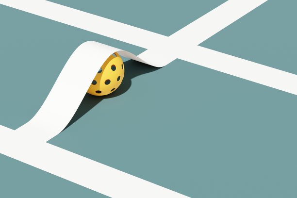 匹克球运动器材。球在场上的标线以下。3d插图，渲染与复制空间。图片下载