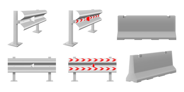 一套铁质混凝土道路护栏，用于阻挡道路，带有标记，隔离在白色背景上。逼真的3D等距风格，矢量插图。图片下载