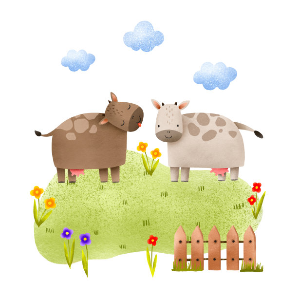 两头牛在花丛中走在草坪上。手绘景观插图孤立的背景。可爱的儿童手绘组成的装饰，卡片和邀请。图片下载