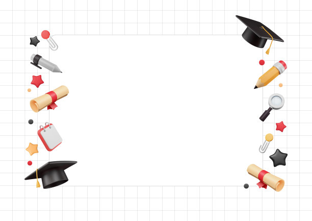 空白模板与3D毕业生和文具元素的边界安排。图片下载