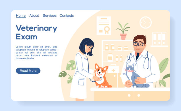 兽医考试登陆页。两位年轻的兽医带着狗和猫在宠物医院检查可爱的动物。扁平线网站模板。兽医诊所网页矢量插图。图片下载