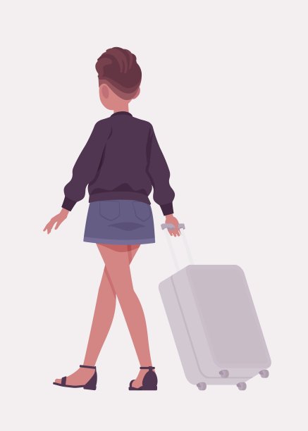 有魅力的女孩带着行李箱走在后面，都市时尚女人图片下载
