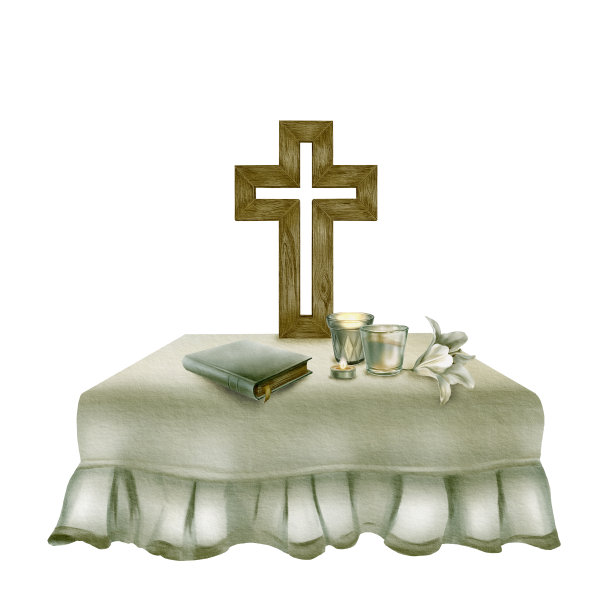 水彩宗教组成的桌布与褶边，东正教的木制十字架，蜡烛，白色百合在一个配色方案鼠尾草叶。图片下载