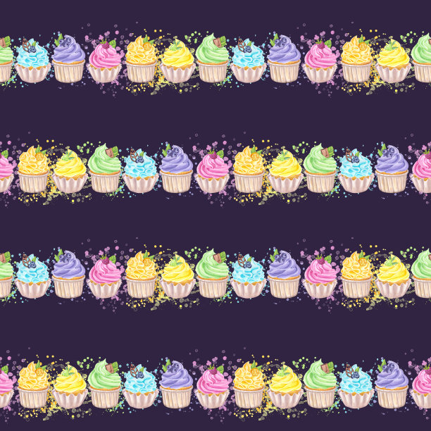 无缝图案彩虹彩色纸杯蛋糕松饼，甜生奶油。浆果，柑橘类水果，叶子。手绘水彩插图在黑暗的背景。图片下载