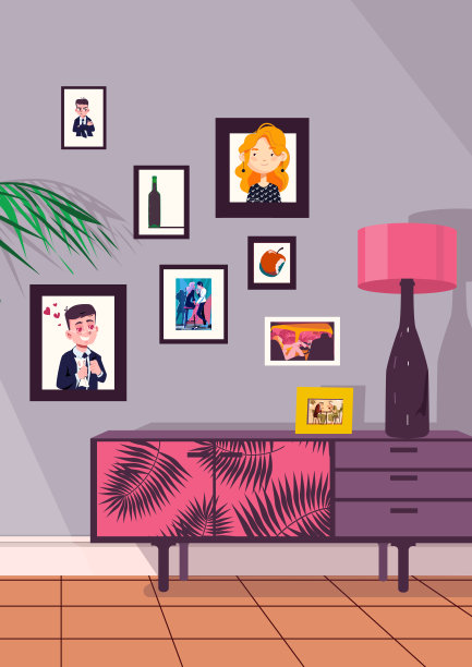 矢量插图一个有趣的复古室内与照片和图片。垂直格式。图片下载
