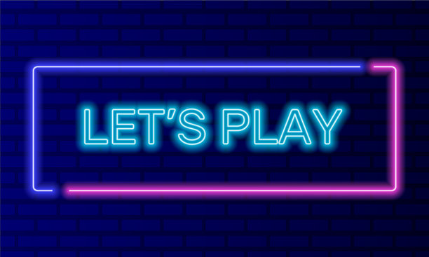 霓虹灯标志让在砖墙背景矢量上播放语音气泡框架。光横幅在墙上的背景。让玩按钮视频游戏vr，设计模板，夜间霓虹灯招牌图片下载