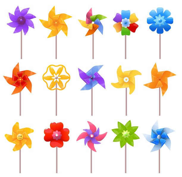 卡通风车玩具。五颜六色的纸制风车。孩子们用不同形状的螺旋桨。微风米尔斯。旋转的粉丝。叶片数量。矢量塑料通风装置图片下载