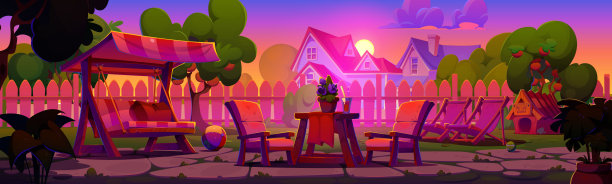 乡村住宅后院，夕阳下有家具图片下载