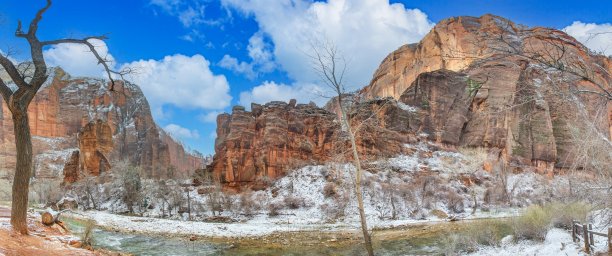犹他州锡安国家公园冬天下雪的全景照片图片下载