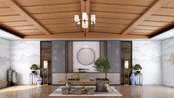 传统中式客厅室内，家具和木地板，3d渲染图片下载