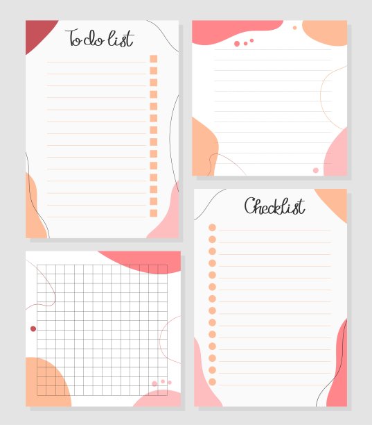 待办事项清单，检查清单，笔记模板在今年流行的颜色。桃子绒毛。一套纸张。图片下载
