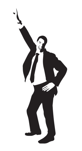 商人高兴得手舞足蹈，双手叉腰向上指图片下载