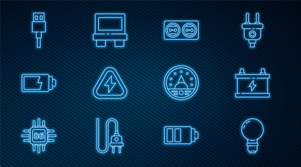 设置线路灯泡与概念的想法，汽车电池，电源插座，高压，电池充电水平指示灯，USB电缆线，安培表，万用表，电压表和保险丝图标。向量图片下载