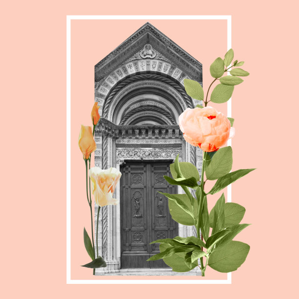 创意拼贴黑白照片的历史建筑，门与五颜六色的鲜花旅行社海报，历史地标，历史和文化图片下载