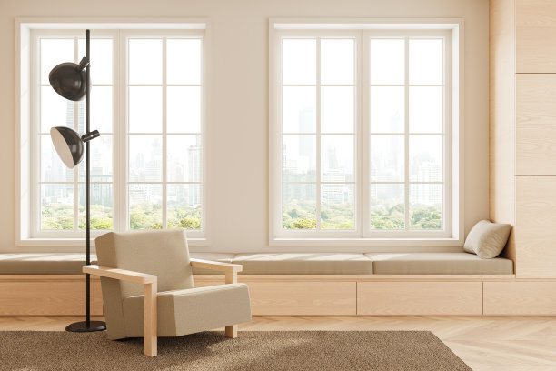 舒适的家庭客厅内饰，休息区和全景窗图片下载