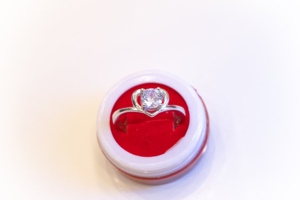 一枚戒指装在白底盒子里的照片。银、金、铂金、时尚、链条、珠宝、女孩、女人、印度、亚洲、价格、下跌、股票、市场、象征、爱情、礼物、订婚。图片下载