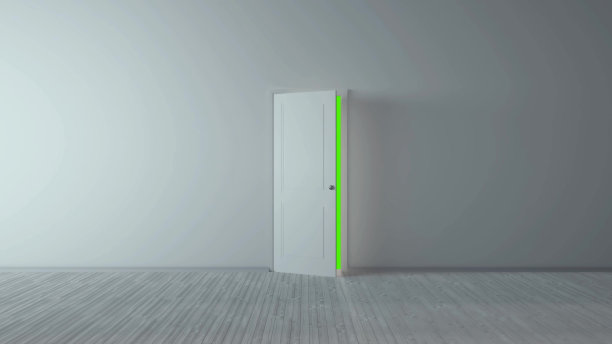 白色经典设计的门对着绿色的屏风。3 d演示。图片下载