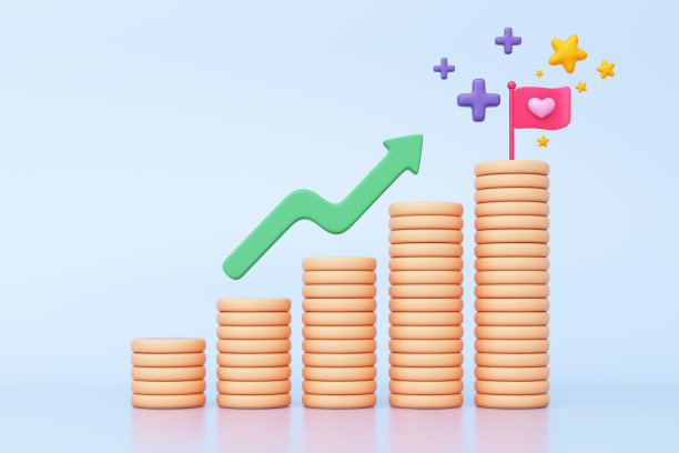 3D金融条形图图与硬币，箭头，加上标志，旗帜，心形和星星在浅蓝色的背景。商业投资成功而获利。副本的空间。3 d演示。图片下载