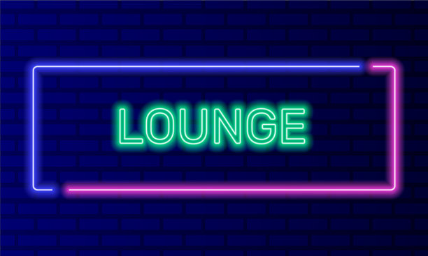 霓虹灯标志休息室在语音气泡框架上的砖墙背景矢量。光横幅在墙上的背景。休息室按钮放松吧，设计模板，夜间霓虹灯招牌图片下载