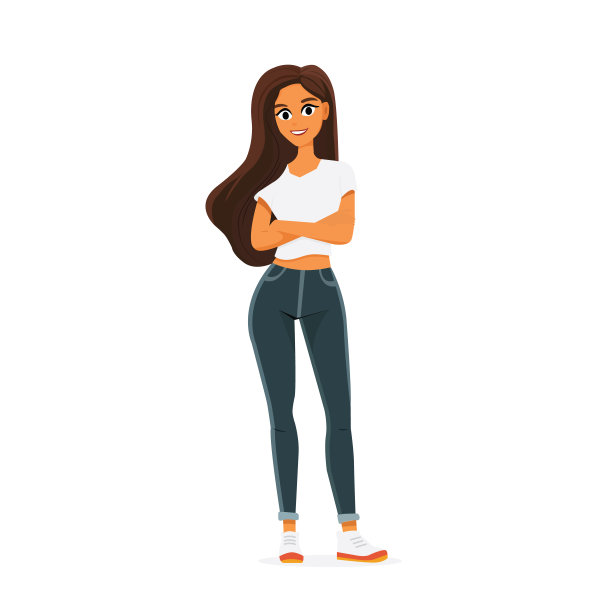 女人，女孩，站立和微笑的全长插图，平面插图，用户界面插图，孤立在一个白色的背景。图片下载