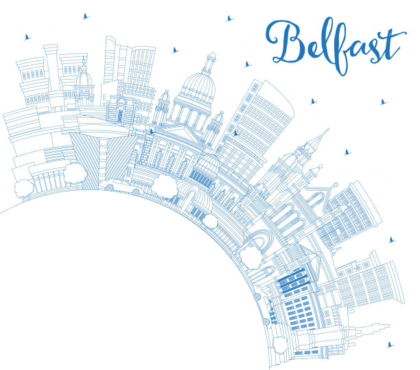 勾勒贝尔法斯特北爱尔兰城市天际线与蓝色建筑和复制空间。贝尔法斯特城市景观与地标。旅游与历史建筑的概念。图片下载