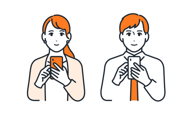 年轻的男性和女性办公室工作人员微笑着操作智能手机的简单矢量插图集材料图片下载