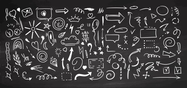 简单的素描线条风格元素。涂鸦可爱的墨水笔线元素孤立的黑板背景。涂鸦箭头，心形，星形，装饰符号，白色图标集。矢量插图。图片下载