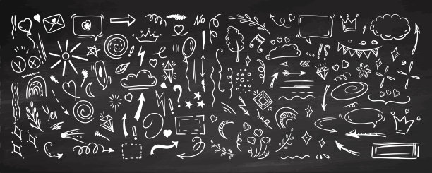 简单的素描线条风格元素。涂鸦可爱的墨水笔线元素孤立的黑板背景。涂鸦箭头，心形，星形，装饰符号，白色图标集。矢量插图。图片下载