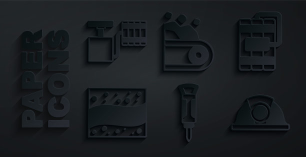 集施工手提钻，炸药，金矿，矿工头盔，传送带携带煤炭和处理雷管图标。向量图片下载