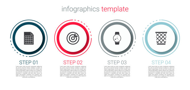 设置文件文件，目标运动，手表和垃圾桶。业务信息图表模板。向量图片下载