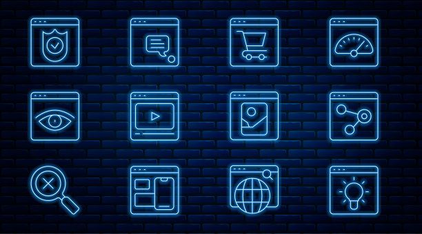 设置在线浏览器窗口，在线购物在屏幕上，播放视频，隐身，带屏蔽，照片修饰和新聊天消息通知图标。向量图片下载