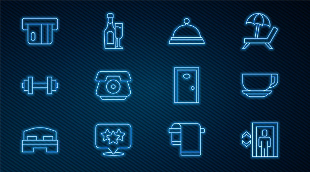 设置线电梯，咖啡杯，覆盖托盘食品，电话听筒，哑铃，信用卡，酒店门和香槟瓶玻璃图标。向量图片下载
