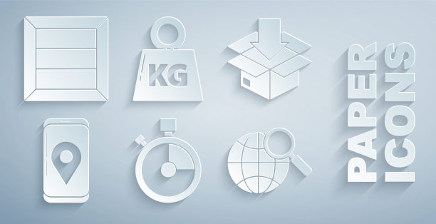 设置快速交货，纸板箱与交通标志，移动应用程序跟踪，放大镜地球仪，重量和木制图标。向量图片下载