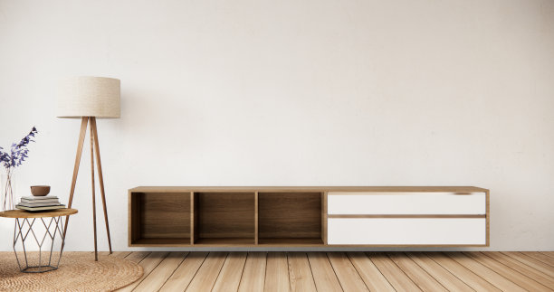 现代日式风格和紫色装饰，白色墙壁上的橱柜。图片下载