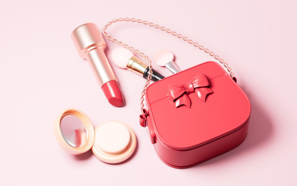 女士手袋，化妆包，购物袋模型和化妆品，3d渲染。图片下载