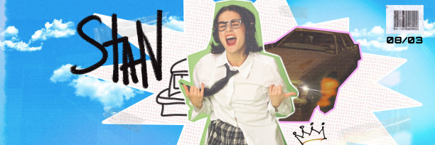 年轻的女孩穿着校服风格的衣服，戴着耳机听着音乐，在抽象的背景下跳舞。当代艺术拼贴。图片下载