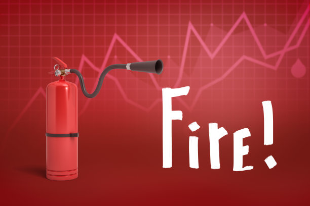 红色泡沫灭火器的三维渲染与“火!”标志在红色的图表背景图片下载