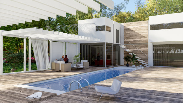 房屋外观带有游泳池和带凉棚的休息区图片下载